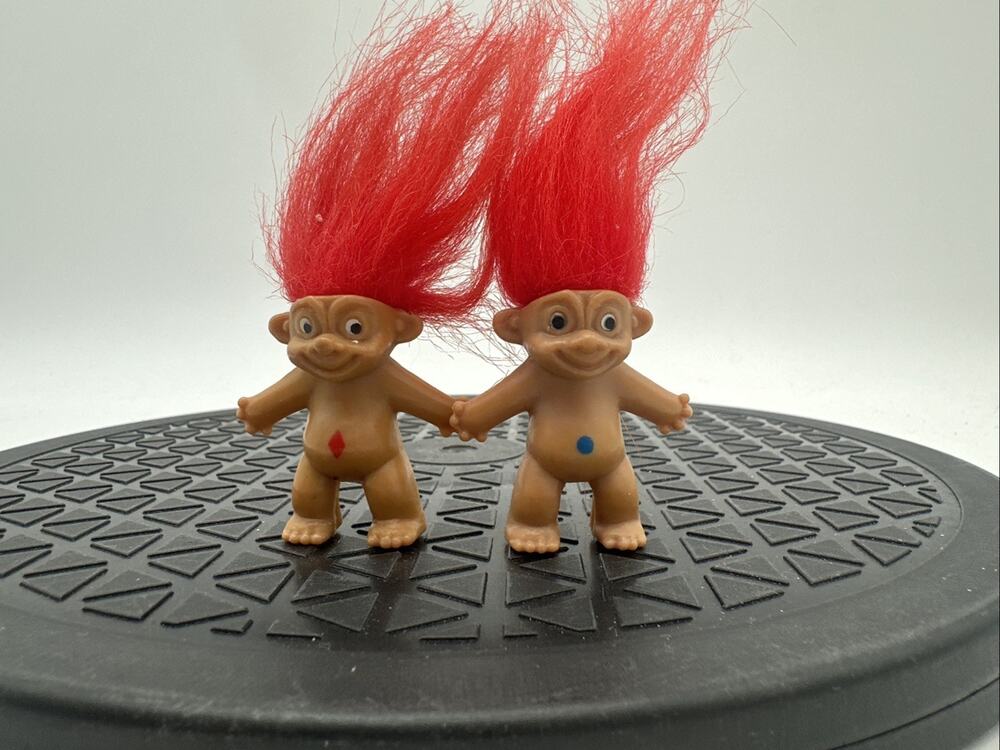 2 Vintage Troll Doll Pencil Topper Red Hair Belly Button Diamond 1.5"